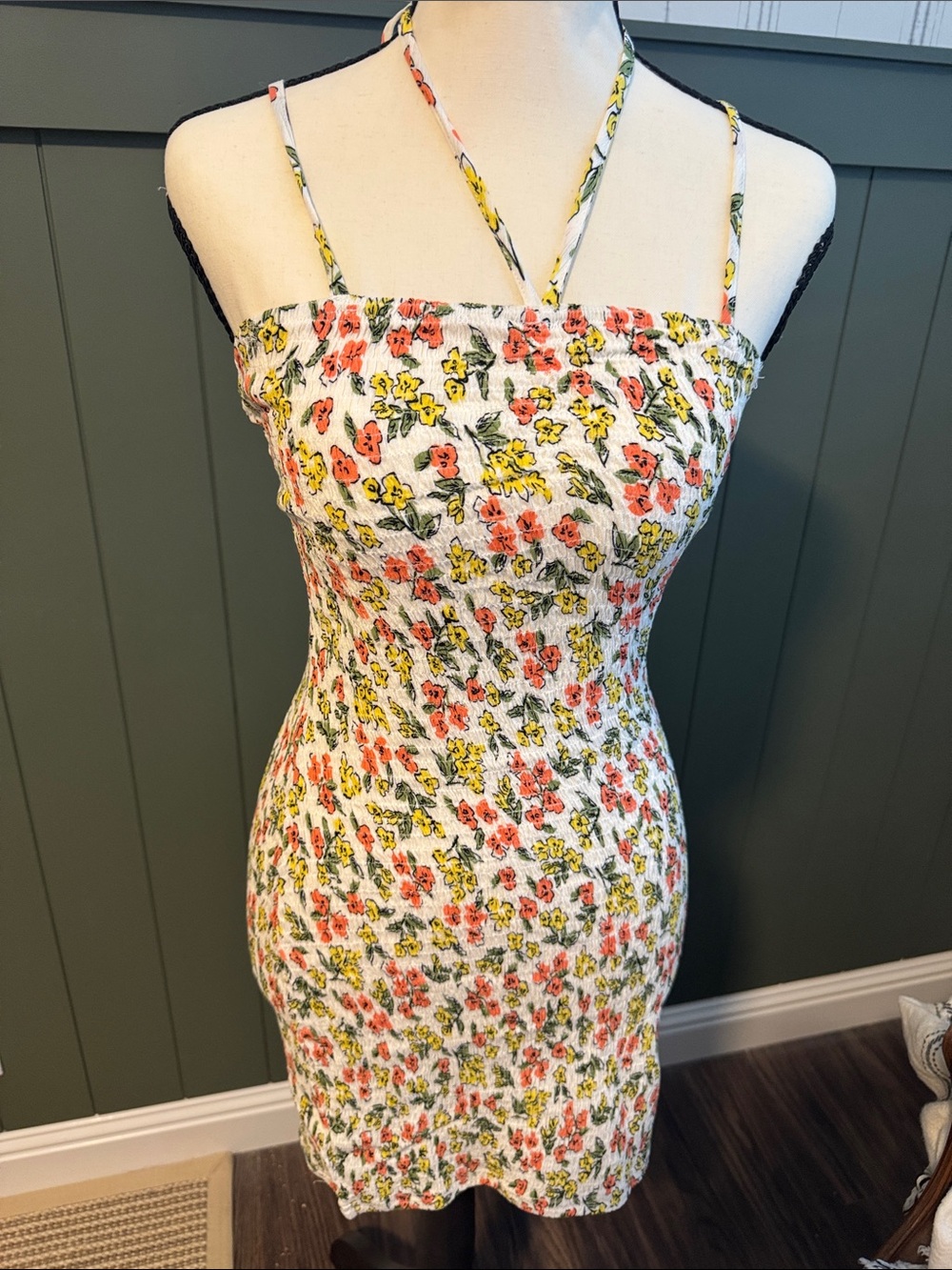 Promesa White Mini Dress with Coral Pink and Yellow Floral Print